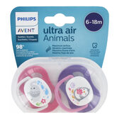 Avent 2 Ultra Air Animals Pacifiers 6+18 Months Baby Girl 