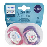 Avent 2 Ultra Air Animaux Sucettes 6+18 Mois Bébé Fille 